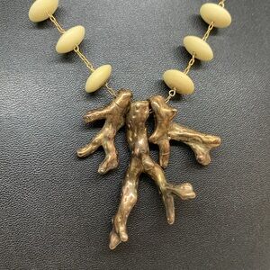 Vintage Bronze Metal Coral Pendant on Delicate Gold Chain